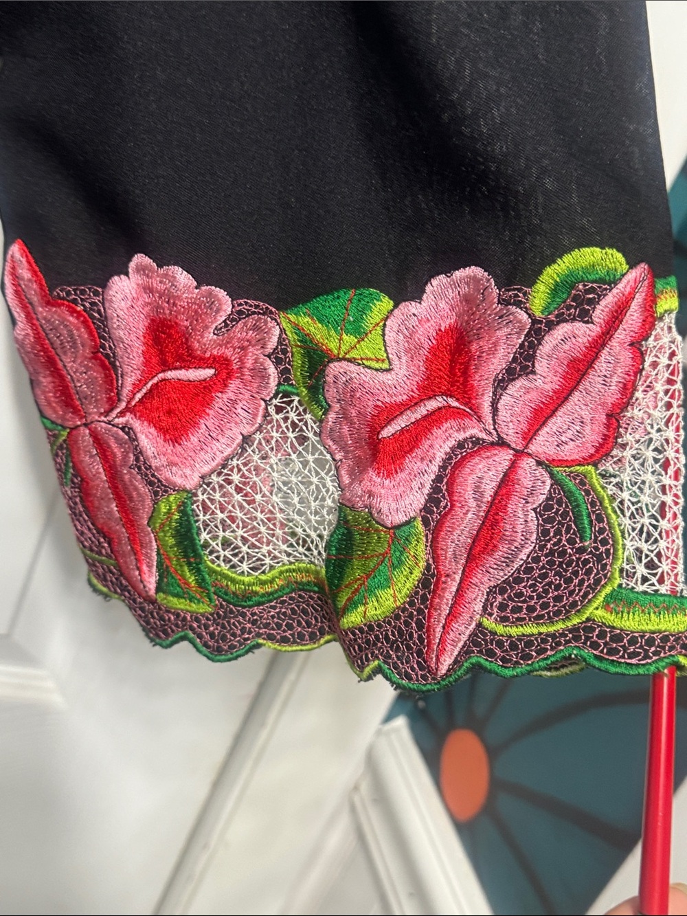 Black Midi Dress with Pink Floral Embroidered Accents - Picture 5 of 8